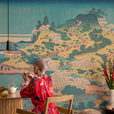 Peel and stick wall mural for kids' room featuring a Japanese landscape design