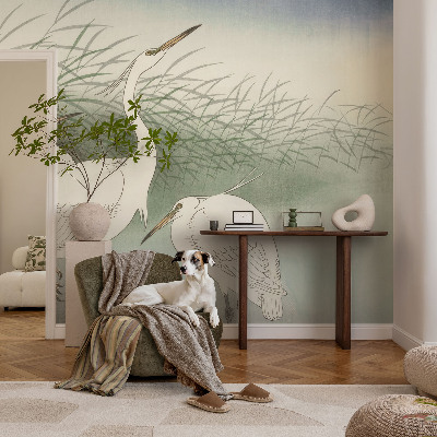 Baby room wall mural with a heron scene among tall grass