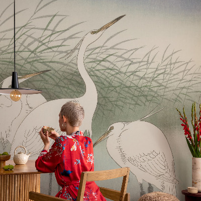 Baby room wall mural with a heron scene among tall grass