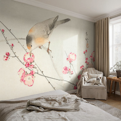 Peel and stick wall mural with a floral and bird design