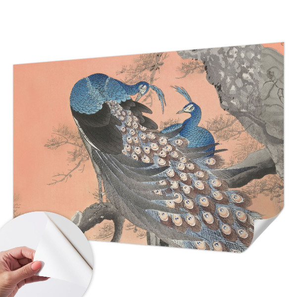 Self-adhesive wall mural with a peacock design