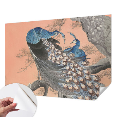 Self-adhesive wall mural with a peacock design