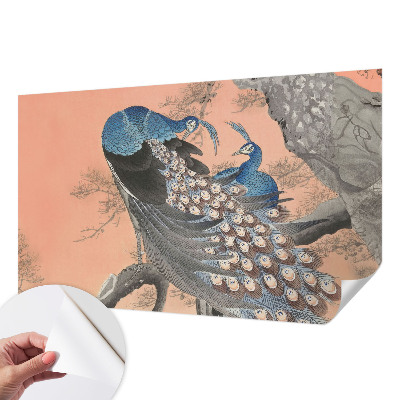 Self-adhesive wall mural with a peacock design