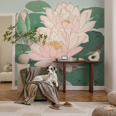 Peel and stick wallpaper mural with a water lotus design
