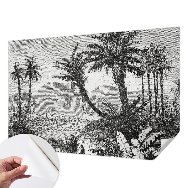 Removable wall mural wallpaper with a tropical oasis design