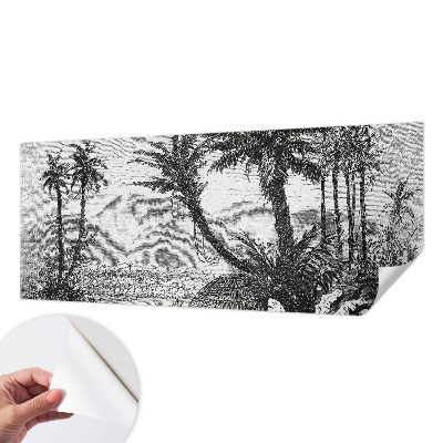 Removable wall mural wallpaper with a tropical oasis design