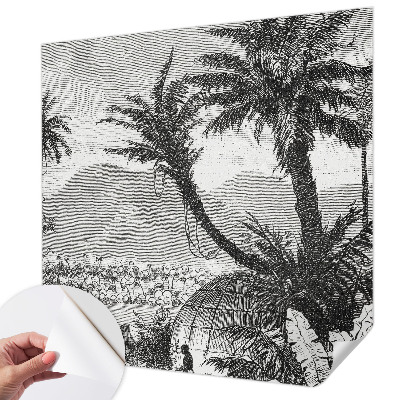 Removable wall mural wallpaper with a tropical oasis design
