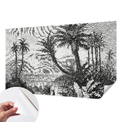 Removable wall mural wallpaper with a tropical oasis design