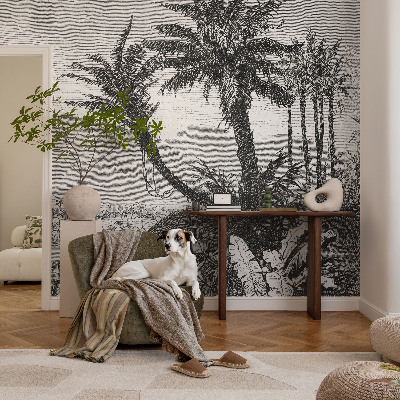 Removable wall mural wallpaper with a tropical oasis design