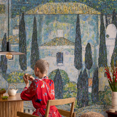 Peel and stick wall mural for kids' room featuring cypress house illustrations