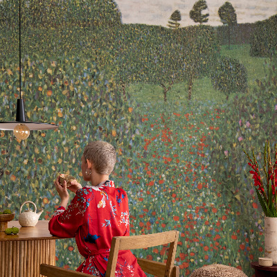 Baby room wall mural with a flower meadow design