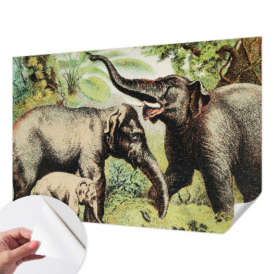 Peel and stick wall mural for living room featuring a family of elephants