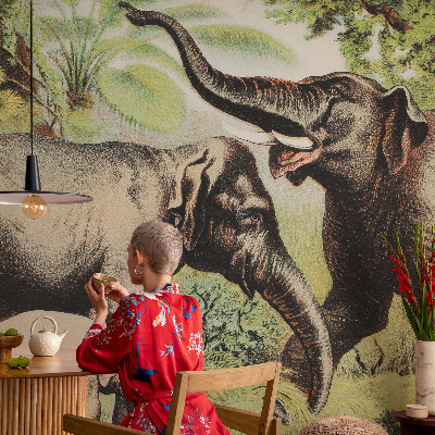 Peel and stick wall mural for living room featuring a family of elephants