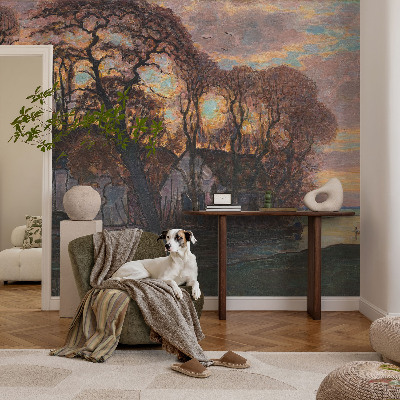Nursery wall mural with an evening landscape scene