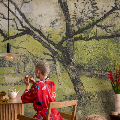 Baby room wall mural with a spring park design