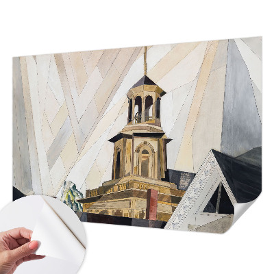 Removable wall mural with an architectural tower motif