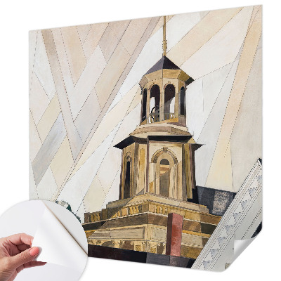 Removable wall mural with an architectural tower motif
