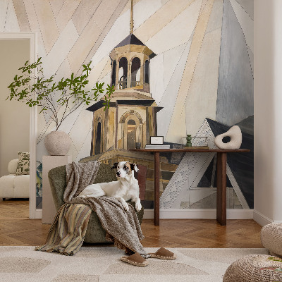 Removable wall mural with an architectural tower motif