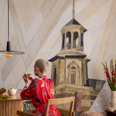 Removable wall mural with an architectural tower motif