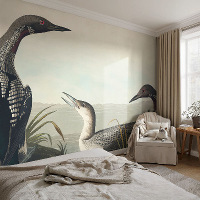 Children's wall mural with a motif of birds flying over water