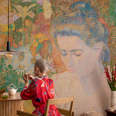 Peel and stick wallpaper mural with a floral portrait design