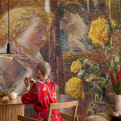 Stick-on wall mural featuring a woman surrounded by roses