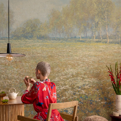 Removable wall mural wallpaper with a blooming field design