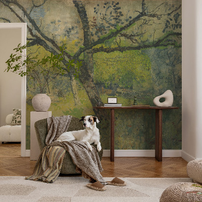 Peel and stick wall mural for bedroom with a green landscape design