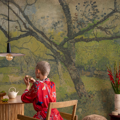 Peel and stick wall mural for bedroom with a green landscape design
