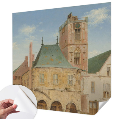 Nursery wall mural featuring a historic town hall design