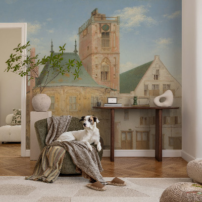 Nursery wall mural featuring a historic town hall design