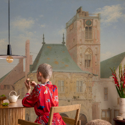 Nursery wall mural featuring a historic town hall design