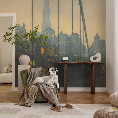 Peel and stick wall mural for kids' room with an evening city panorama design