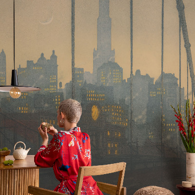 Peel and stick wall mural for kids' room with an evening city panorama design