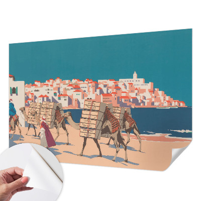 Peel and stick wall mural featuring a camel caravan motif for the living room