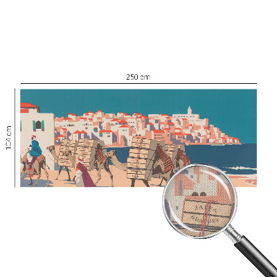 Peel and stick wall mural featuring a camel caravan motif for the living room