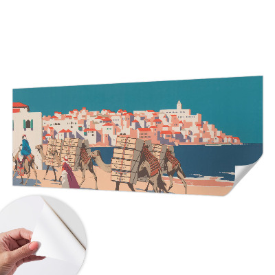 Peel and stick wall mural featuring a camel caravan motif for the living room