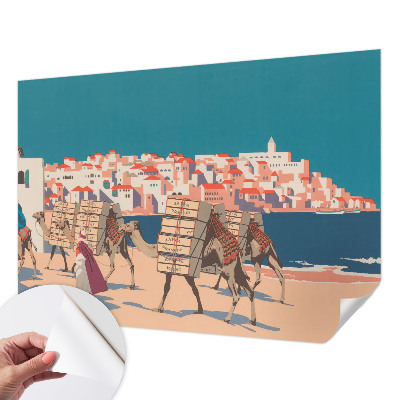 Peel and stick wall mural featuring a camel caravan motif for the living room