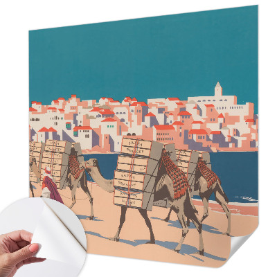 Peel and stick wall mural featuring a camel caravan motif for the living room