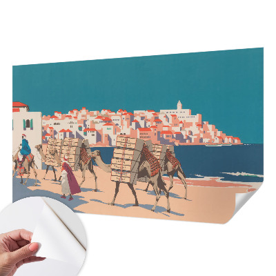 Peel and stick wall mural featuring a camel caravan motif for the living room