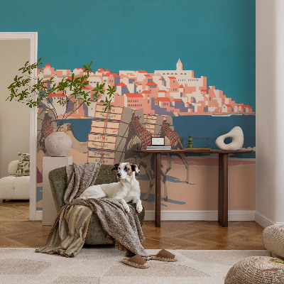 Peel and stick wall mural featuring a camel caravan motif for the living room