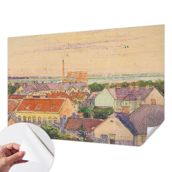 Peel and stick wall mural for bedroom featuring an urban rooftops design