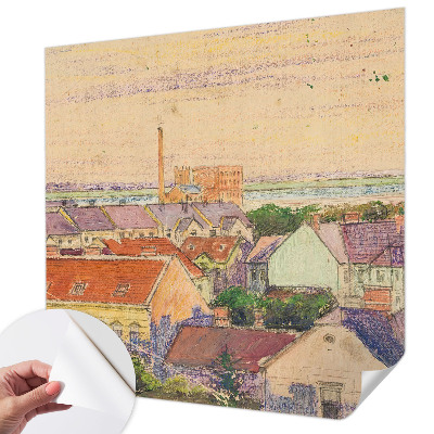 Peel and stick wall mural for bedroom featuring an urban rooftops design