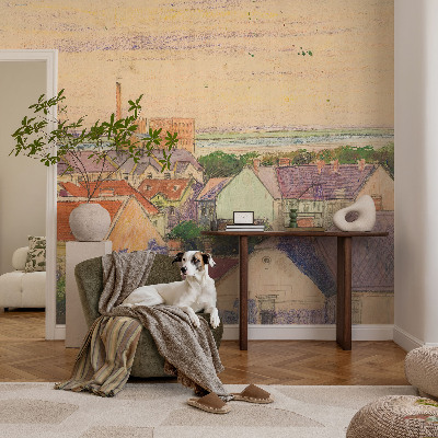 Peel and stick wall mural for bedroom featuring an urban rooftops design