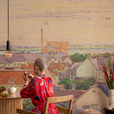 Peel and stick wall mural for bedroom featuring an urban rooftops design
