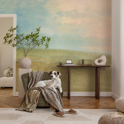 Children's wall mural with a pastel fields design