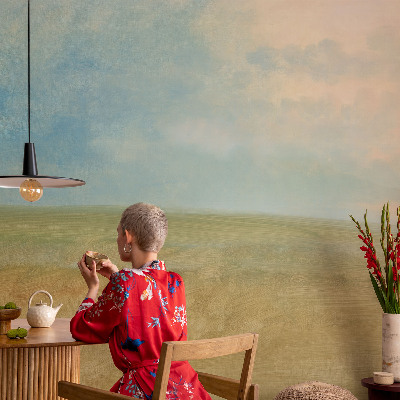 Children's wall mural with a pastel fields design