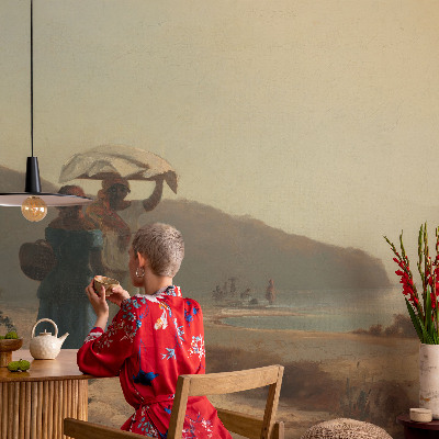 Baby room wall mural with a seaside walk motif