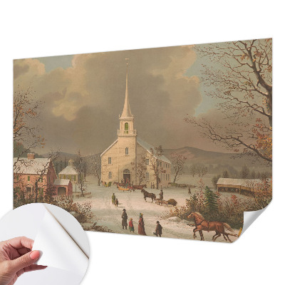 Self-adhesive wall mural featuring a winter landscape