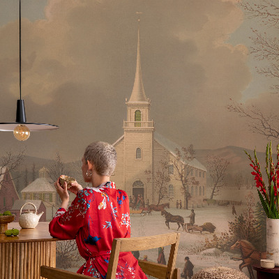 Self-adhesive wall mural featuring a winter landscape